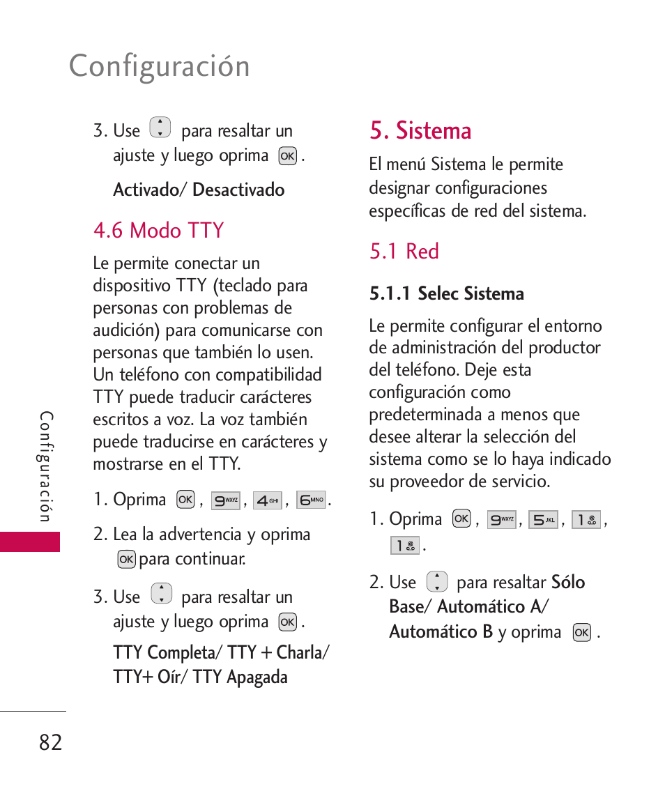 6 modo tty, Sistema, 1 red | Configuración | LG LG230 User Manual | Page 204 / 251