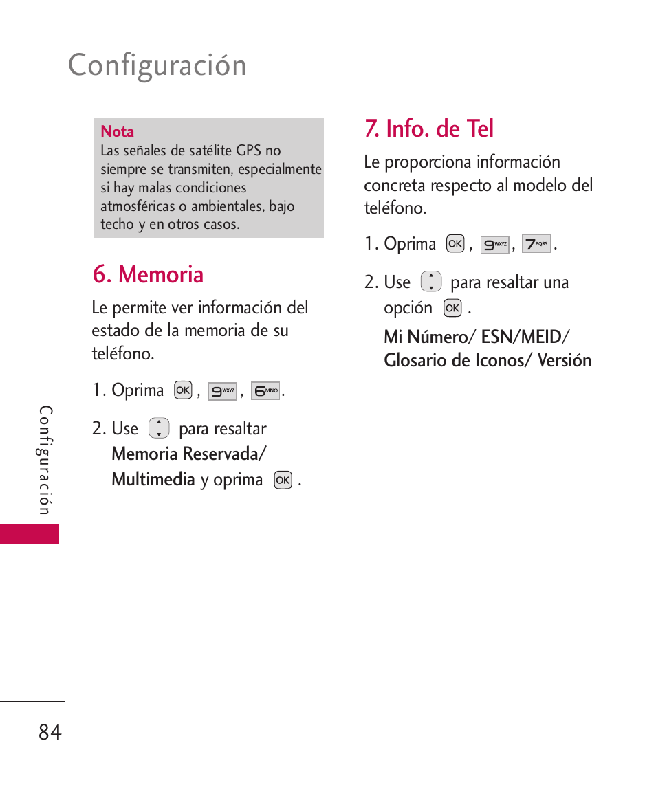 Memoria, Info. de tel, Configuración | LG LG230 User Manual | Page 206 / 251