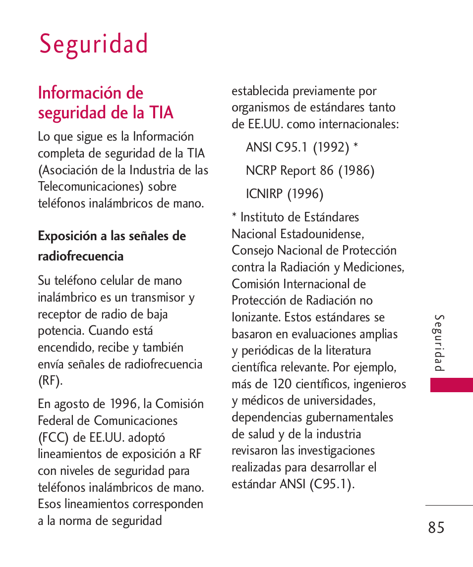 Seguridad, Información de seguridad de, Exposición a las señales de | Información de seguridad de la tia, Exposición a las señales de radiofrecuencia | LG LG230 User Manual | Page 207 / 251