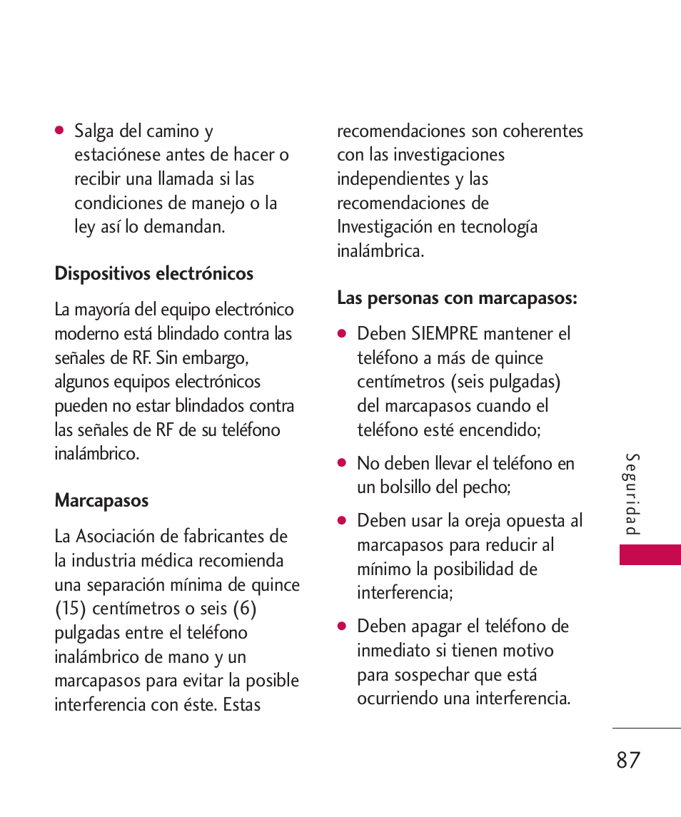 Dispositivos electrónicos, Marcapasos, Las personas con marcapasos | LG LG230 User Manual | Page 209 / 251