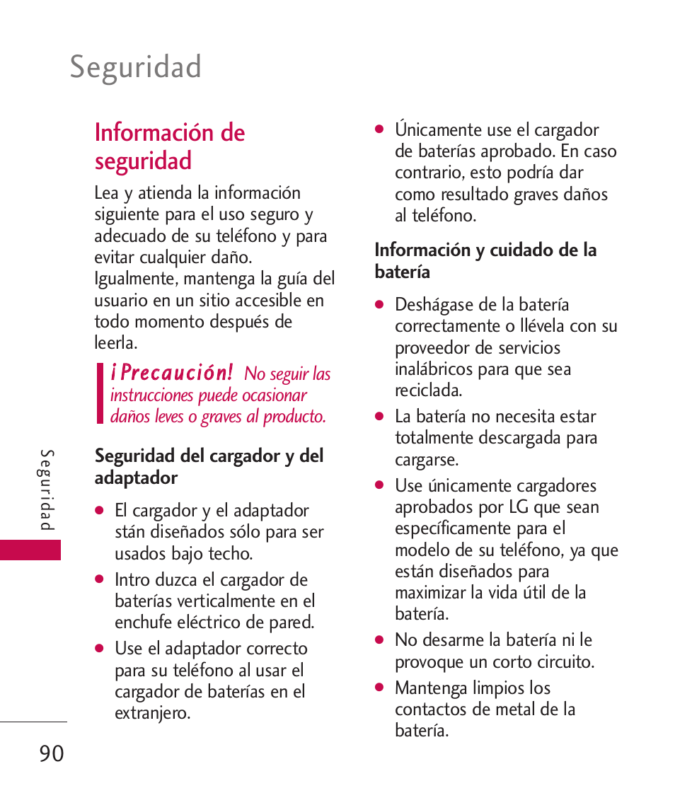 Información de seguridad, Seguridad del cargador y del, Información y cuidado de la | Seguridad del cargador y del adaptador, Información y cuidado de la batería, Seguridad | LG LG230 User Manual | Page 212 / 251