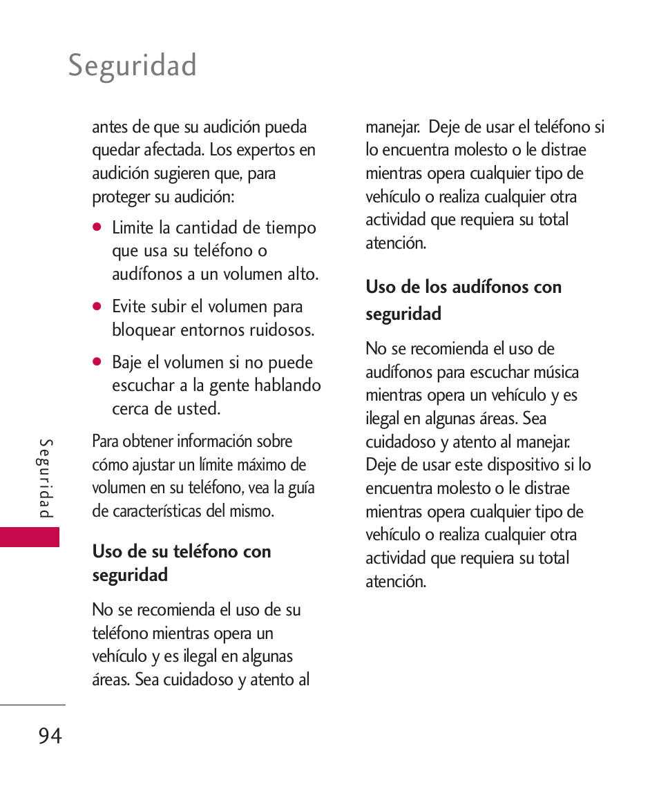 Uso de su teléfono con segur, Uso de los audífonos con se, Seguridad | LG LG230 User Manual | Page 216 / 251