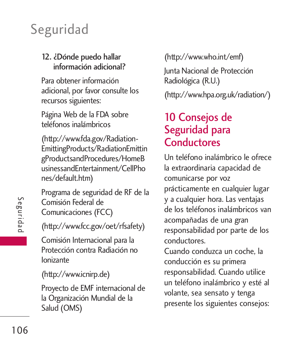10 consejos de seguridad pa, 10 consejos de seguridad para conductores, Seguridad | LG LG230 User Manual | Page 228 / 251