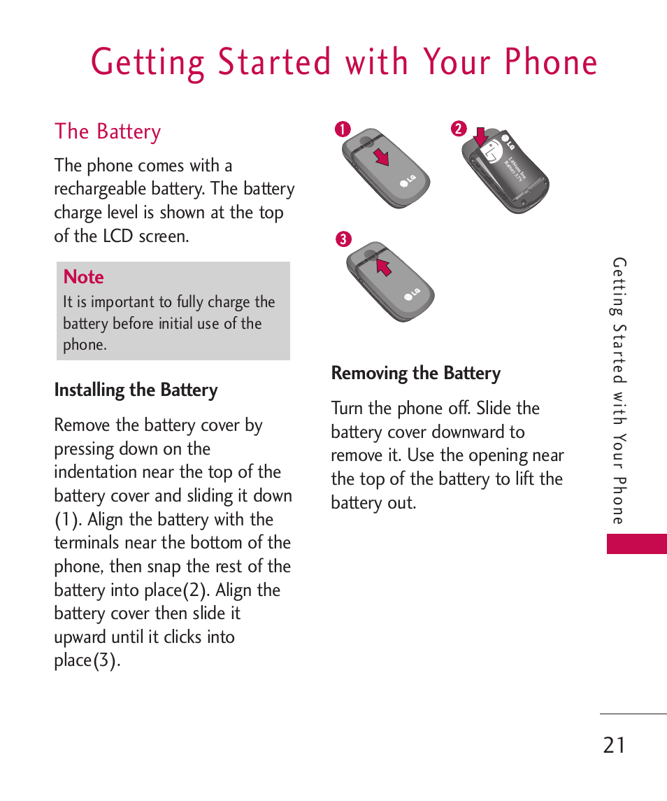 Getting started with your phone, The battery, Installing the battery | Removing the battery | LG LG230 User Manual | Page 23 / 251