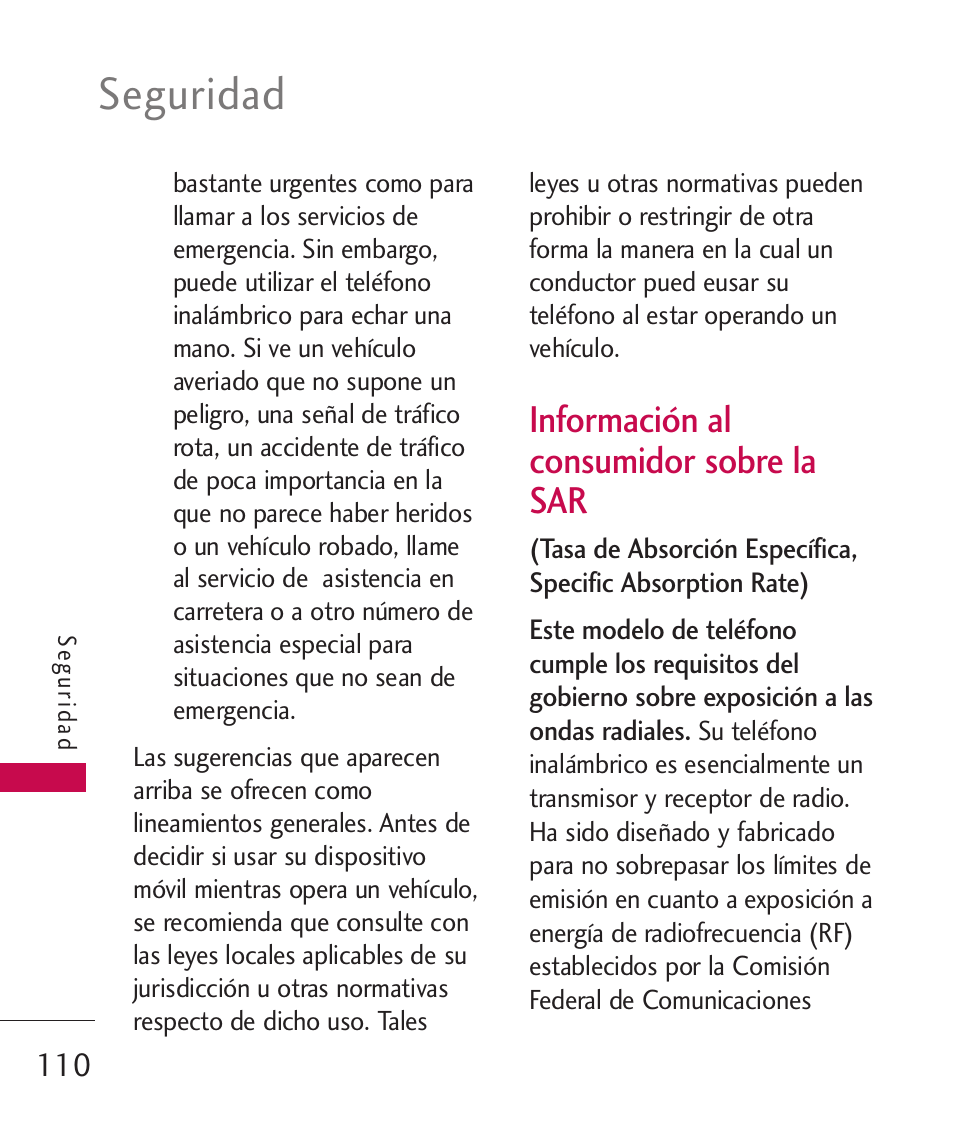 Información al consumidor so, Información al consumidor sobre la sar, Seguridad | LG LG230 User Manual | Page 232 / 251