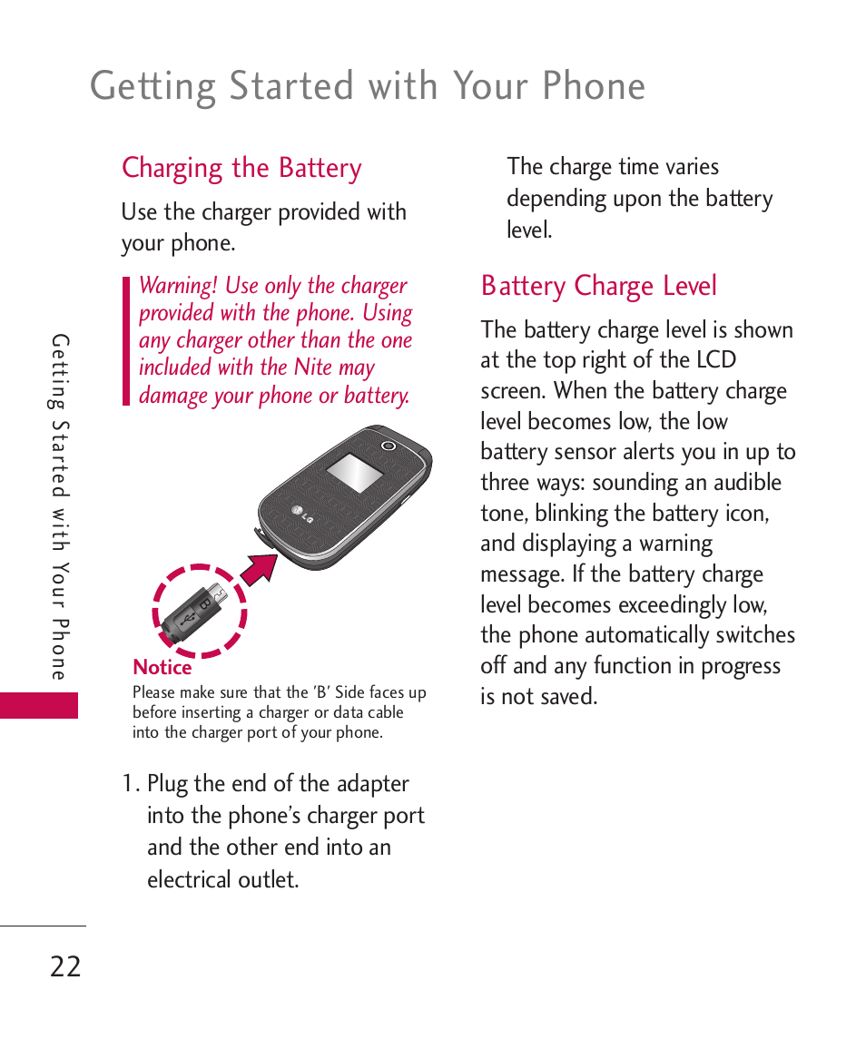 Charging the battery, Battery charge level, Getting started with your phone | LG LG230 User Manual | Page 24 / 251