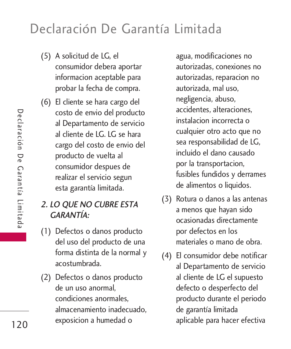 Declaración de garantía limitada | LG LG230 User Manual | Page 242 / 251