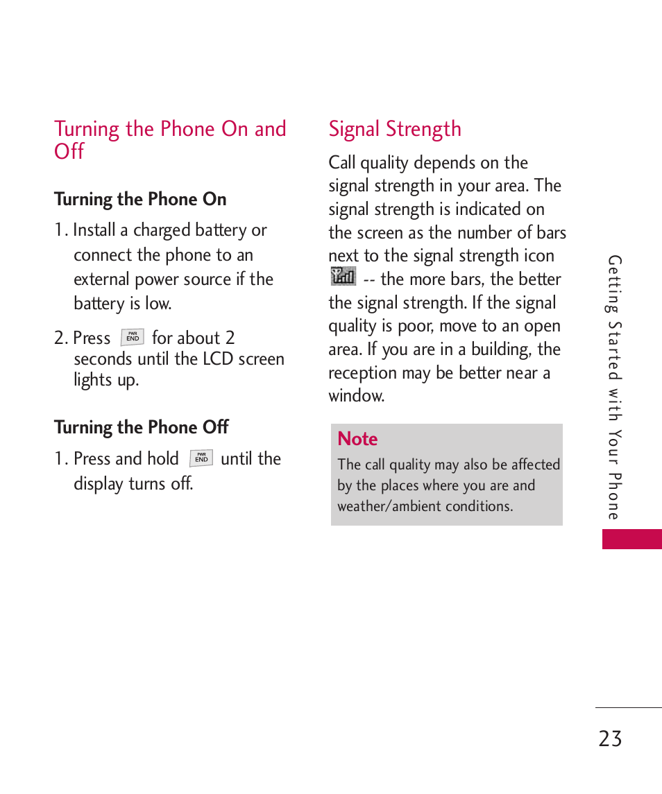 Turning the phone on and off, Turning the phone on, Turning the phone off | Signal strength, Turning the phone on and off 23 | LG LG230 User Manual | Page 25 / 251