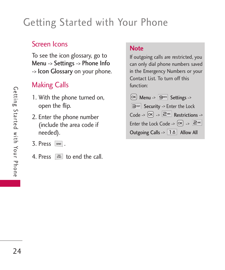 Screen icons, Making calls, Getting started with your phone | LG LG230 User Manual | Page 26 / 251