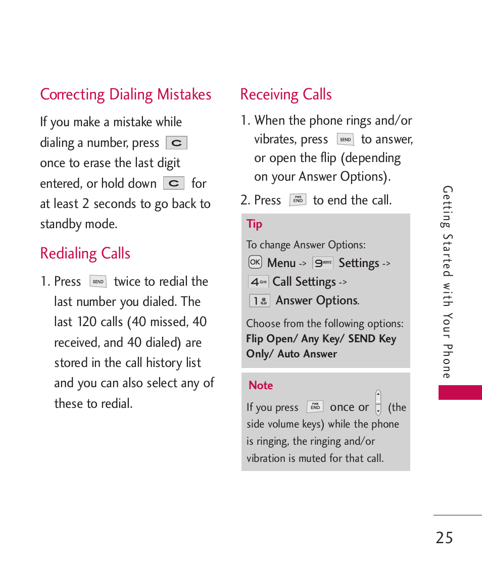 Correcting dialing mistakes, Redialing calls, Receiving calls | LG LG230 User Manual | Page 27 / 251