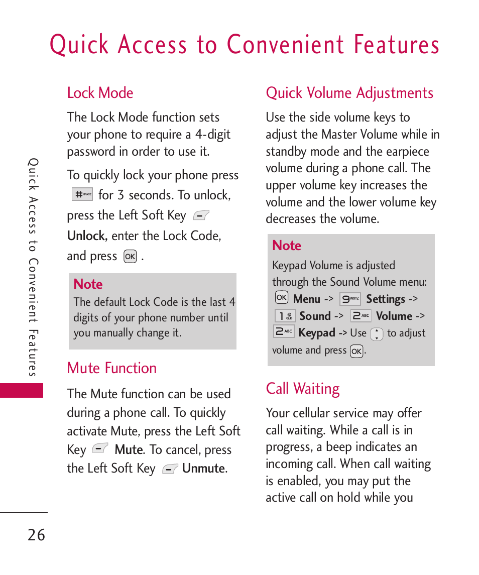 Quick access to convenient, Lock mode, Mute function | Quick volume adjustments, Call waiting, Quick access to convenient features | LG LG230 User Manual | Page 28 / 251