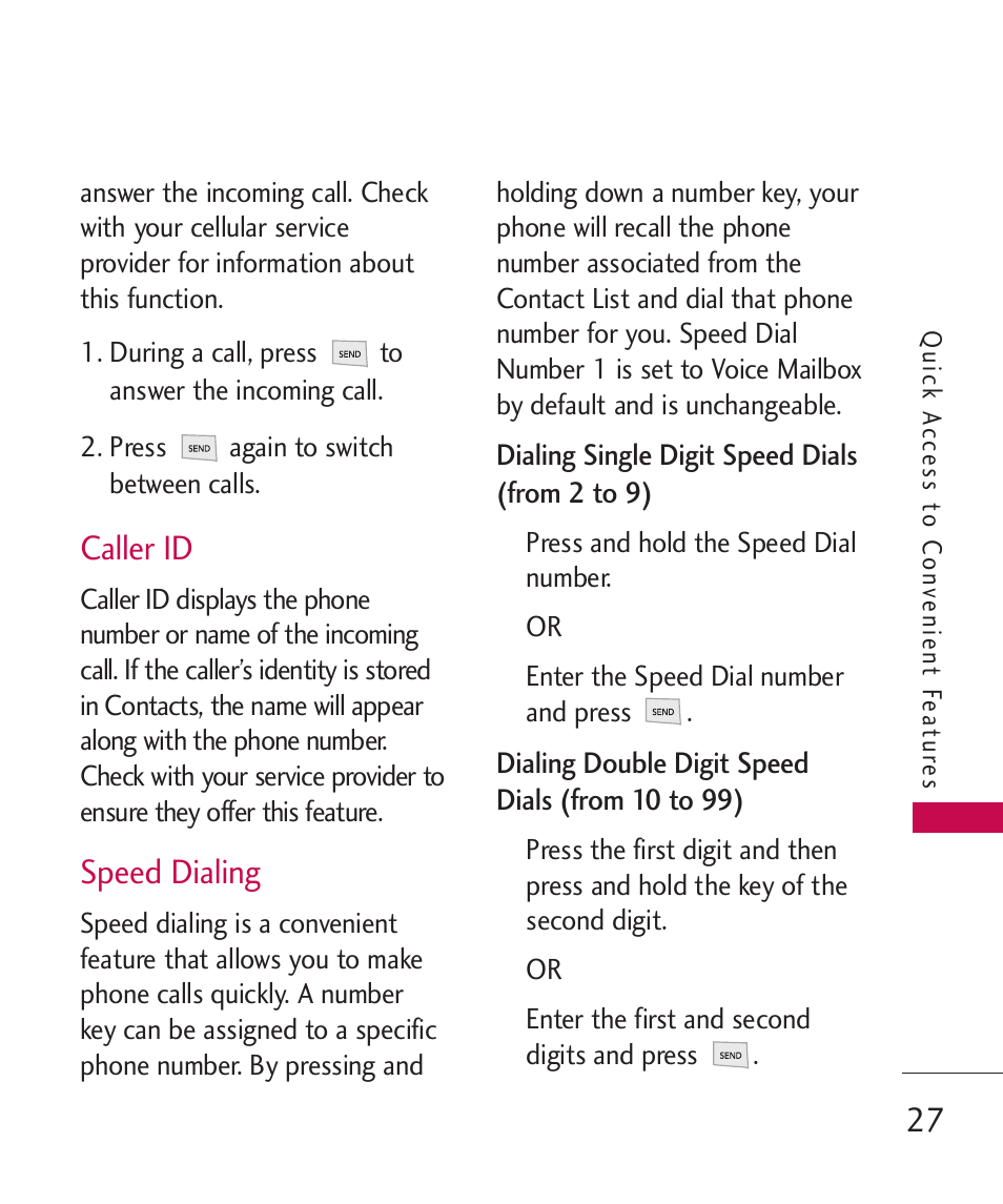 Caller id, Speed dialing | LG LG230 User Manual | Page 29 / 251