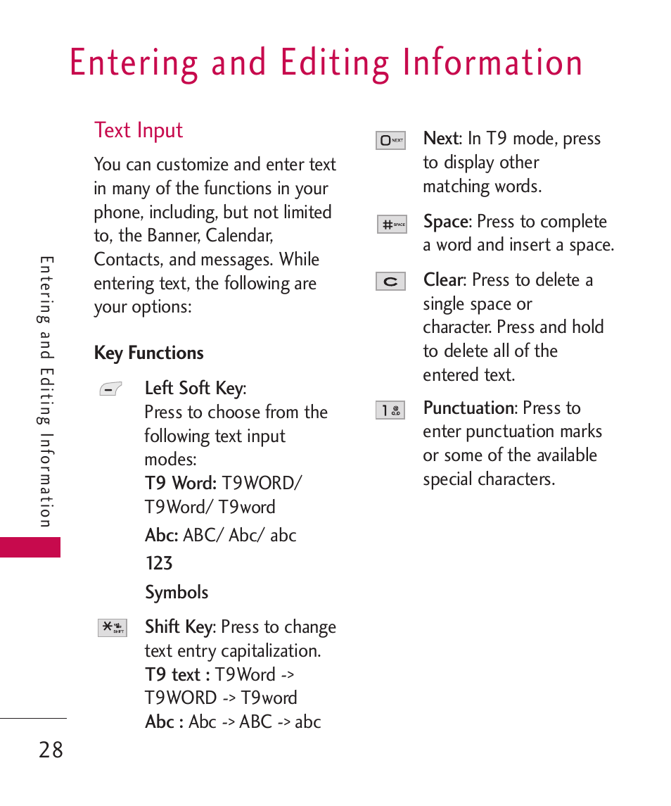 Entering and editing informa, Text input, Key functions | Entering and editing information | LG LG230 User Manual | Page 30 / 251