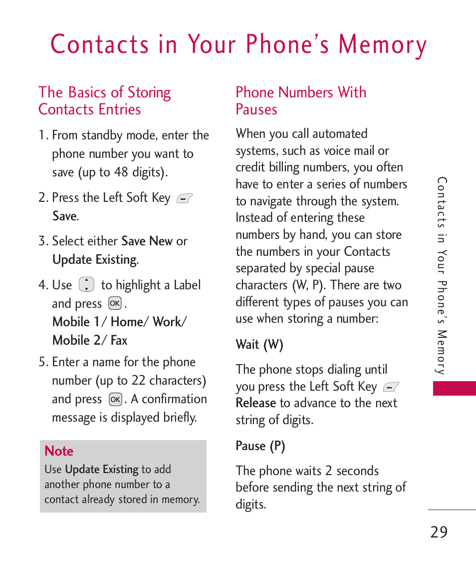 Contacts in your phone’s memory, The basics of storing contac, Phone numbers with pauses | The basics of storing contacts entries | LG LG230 User Manual | Page 31 / 251