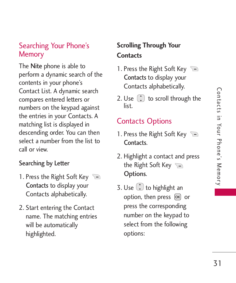 Searching your phone’s memory, Contacts options, Searching your phone’s memory 31 | LG LG230 User Manual | Page 33 / 251