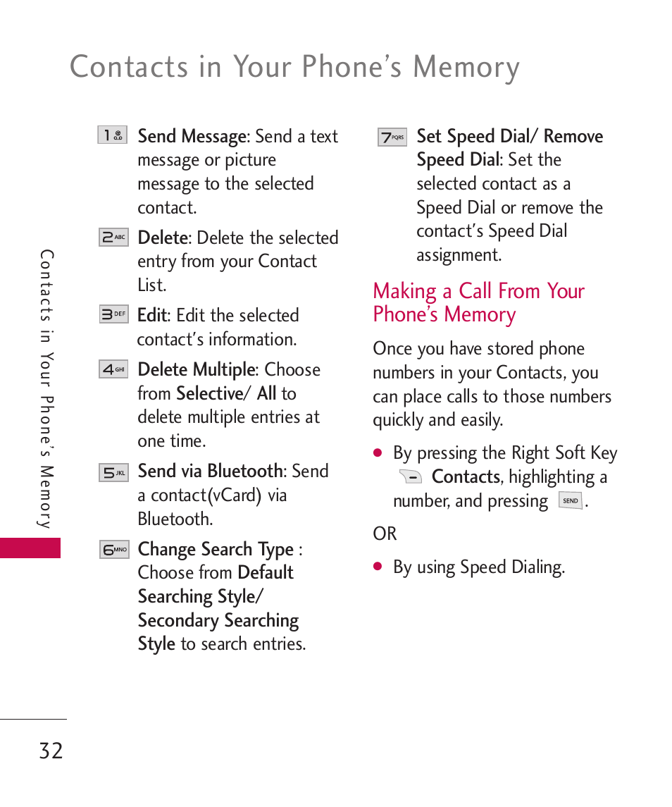 Making a call from your phon, Making a call from your phone’s memory | LG LG230 User Manual | Page 34 / 251