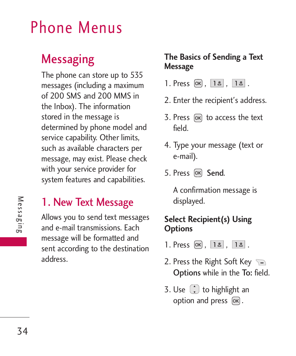 Phone menus, Messaging, New text message | LG LG230 User Manual | Page 36 / 251