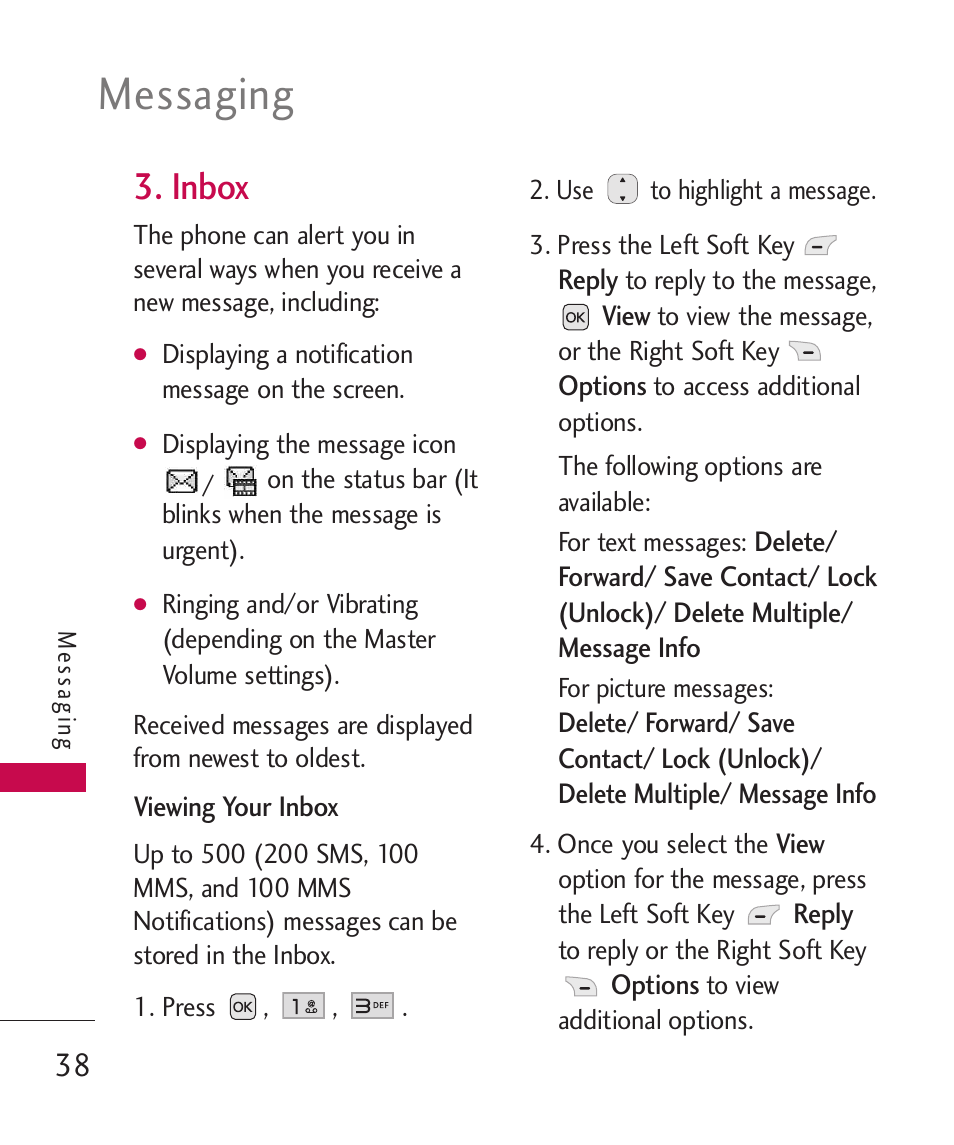 Inbox, Messaging | LG LG230 User Manual | Page 40 / 251