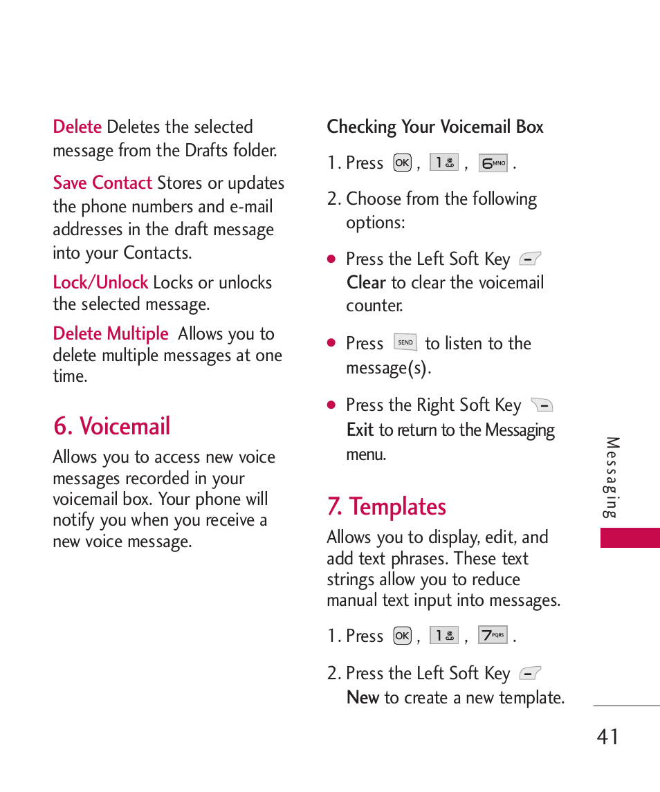 Voicemail, Templates | LG LG230 User Manual | Page 43 / 251