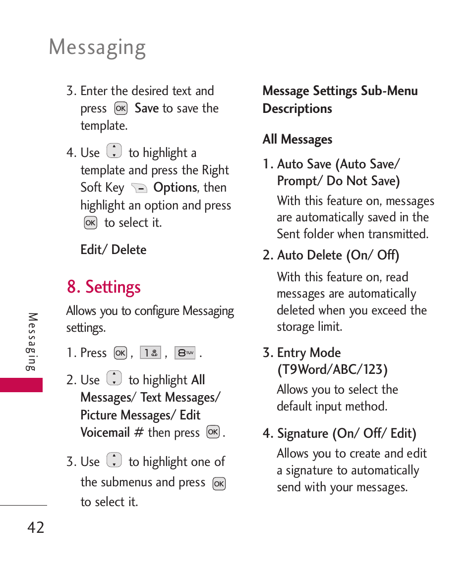 Settings, Messaging | LG LG230 User Manual | Page 44 / 251