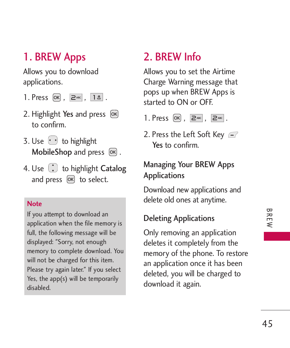 Brew apps, Brew info | LG LG230 User Manual | Page 47 / 251