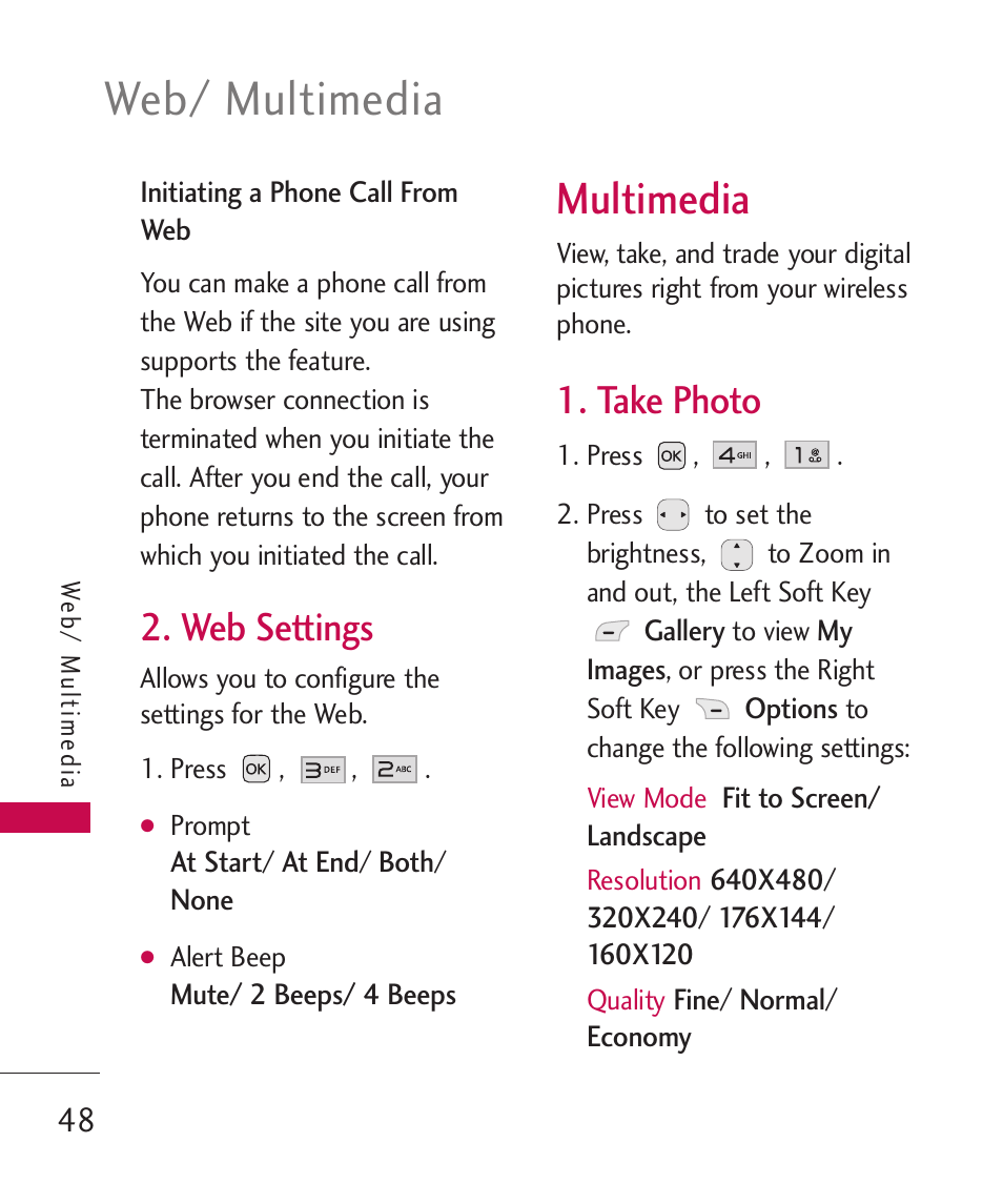 Web settings, Multimedia, Take photo | Web/ multimedia | LG LG230 User Manual | Page 50 / 251