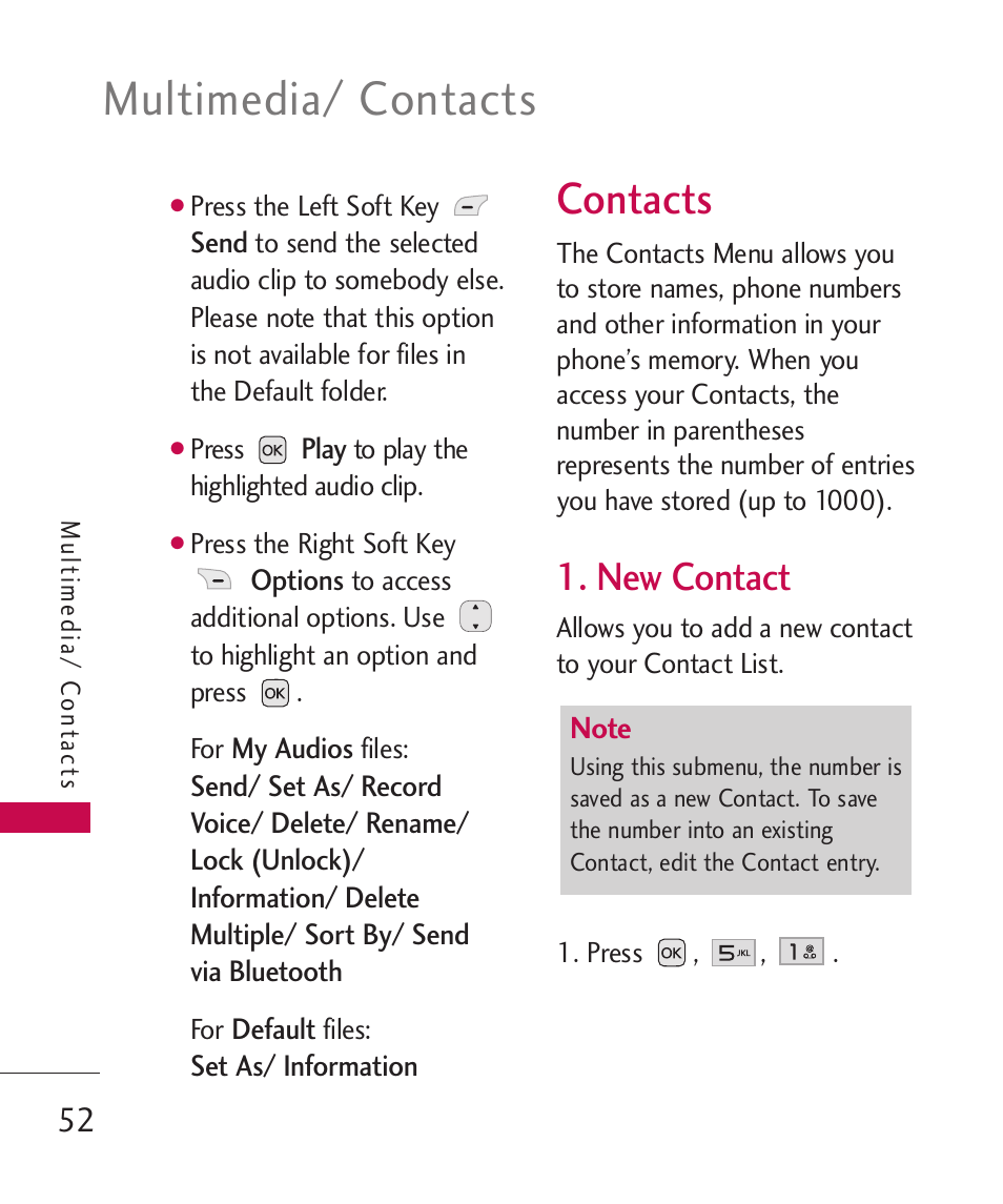 Contacts, New contact, Multimedia/ contacts | LG LG230 User Manual | Page 54 / 251