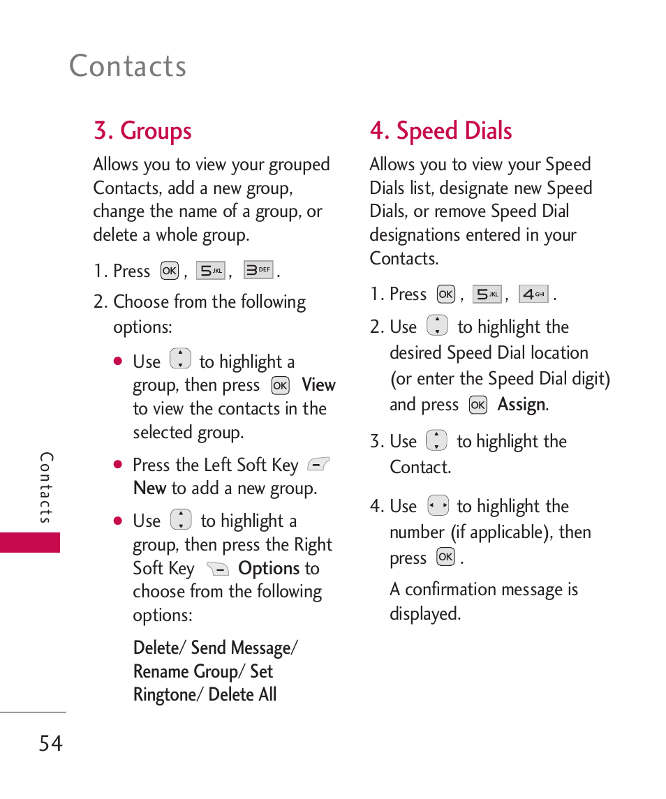 Groups, Speed dials, Contacts | LG LG230 User Manual | Page 56 / 251