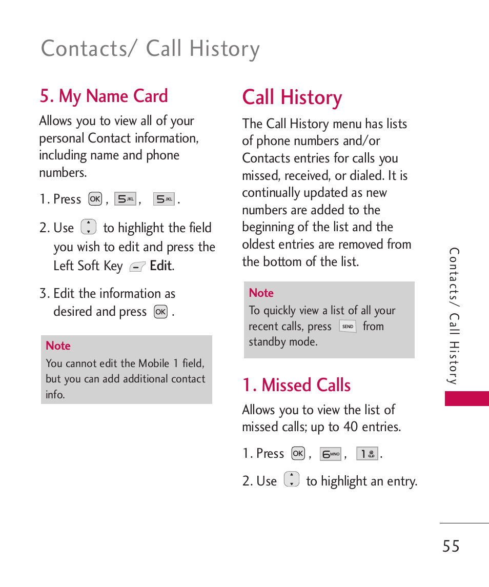 My name card, Call history, Missed calls | Contacts/ call history | LG LG230 User Manual | Page 57 / 251