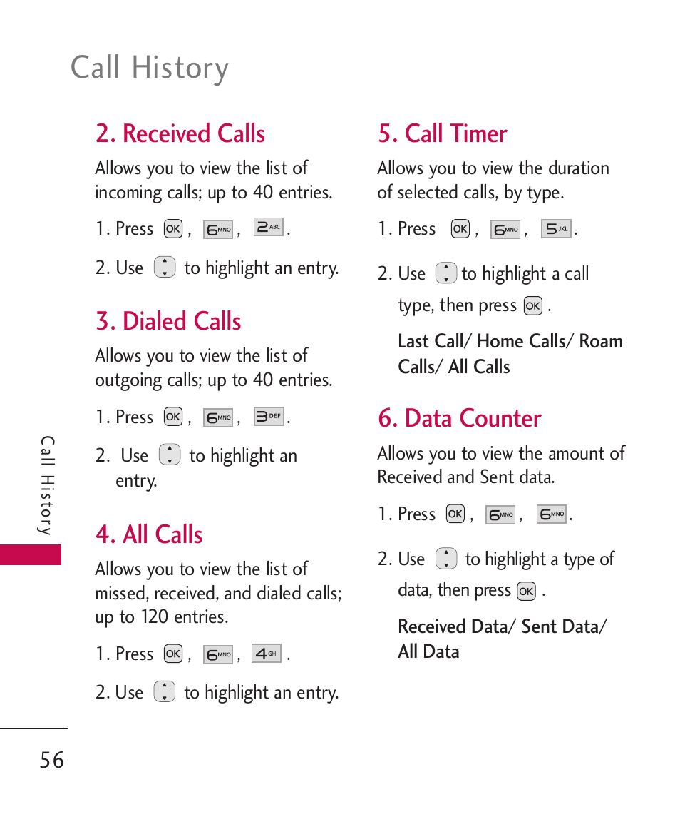 Received calls, Dialed calls, All calls | Call timer, Data counter, Call history | LG LG230 User Manual | Page 58 / 251