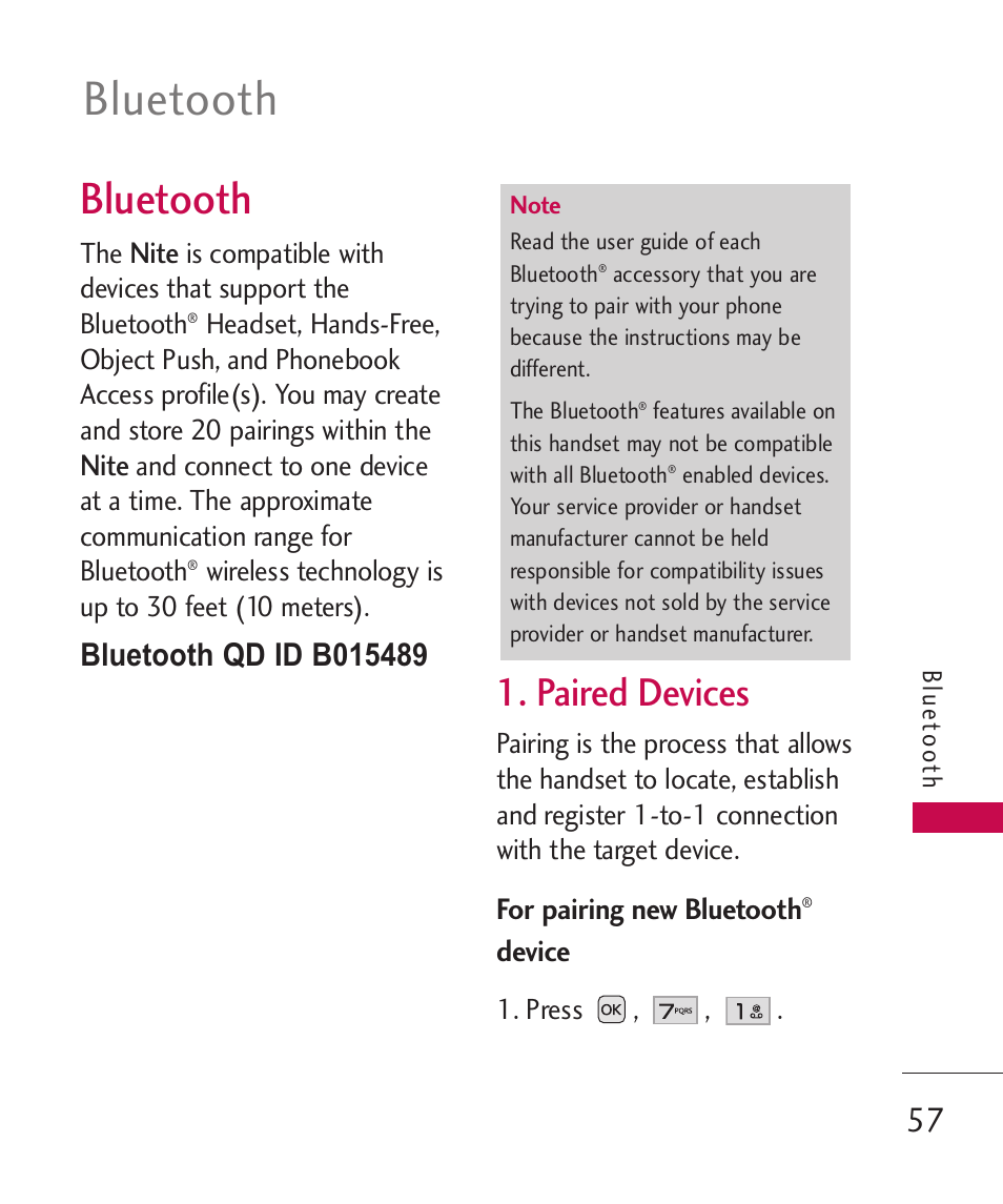 Bluetooth, Paired devices | LG LG230 User Manual | Page 59 / 251