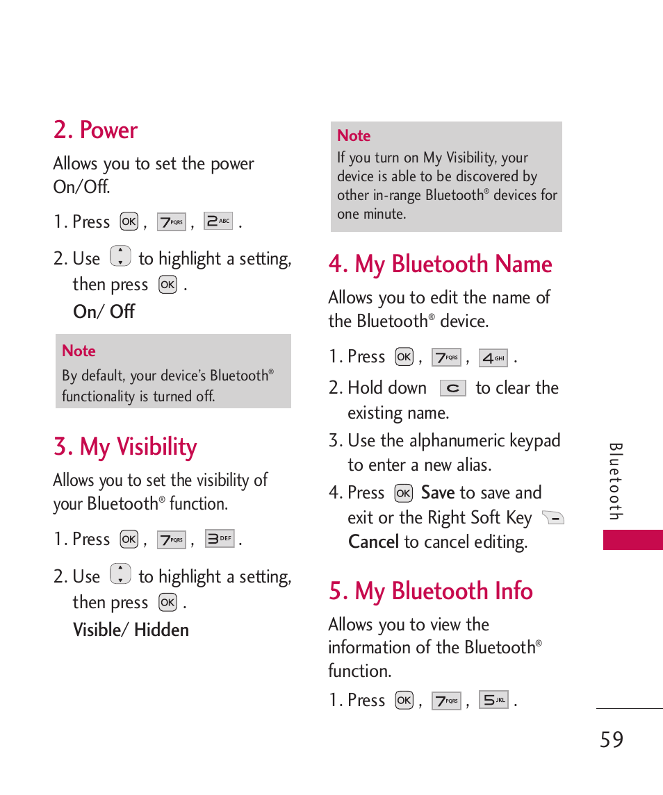 Power, My visibility, My bluetooth name | My bluetooth info | LG LG230 User Manual | Page 61 / 251