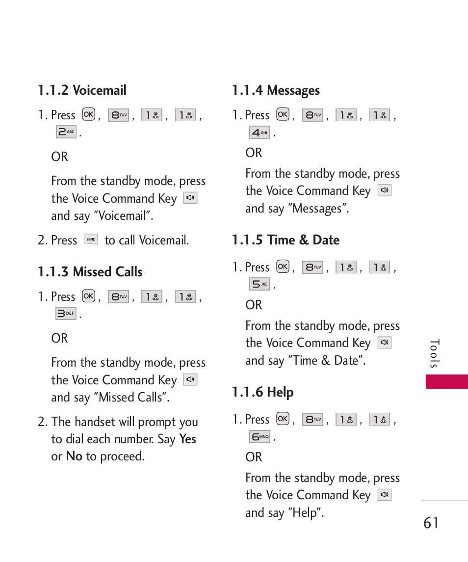 2 voicemail, 3 missed calls, 4 messages | 5 time & date, 6 help | LG LG230 User Manual | Page 63 / 251