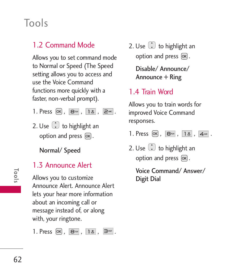 2 command mode, 3 announce alert, 4 train word | Tools | LG LG230 User Manual | Page 64 / 251