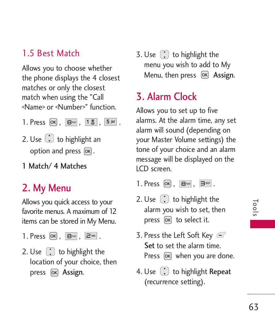 5 best match, My menu, Alarm clock | LG LG230 User Manual | Page 65 / 251