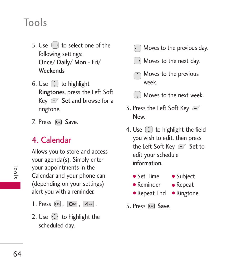 Calendar, Tools | LG LG230 User Manual | Page 66 / 251