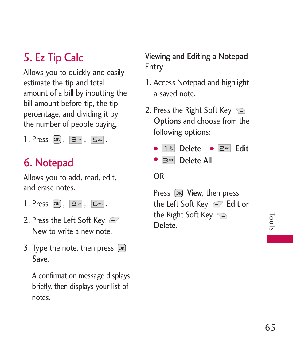 Ez tip calc, Notepad | LG LG230 User Manual | Page 67 / 251