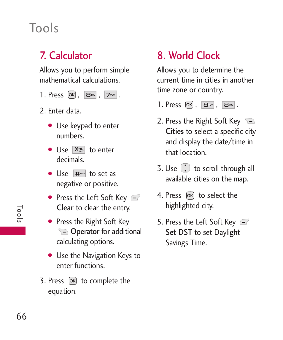 Calculator, World clock, Tools | LG LG230 User Manual | Page 68 / 251