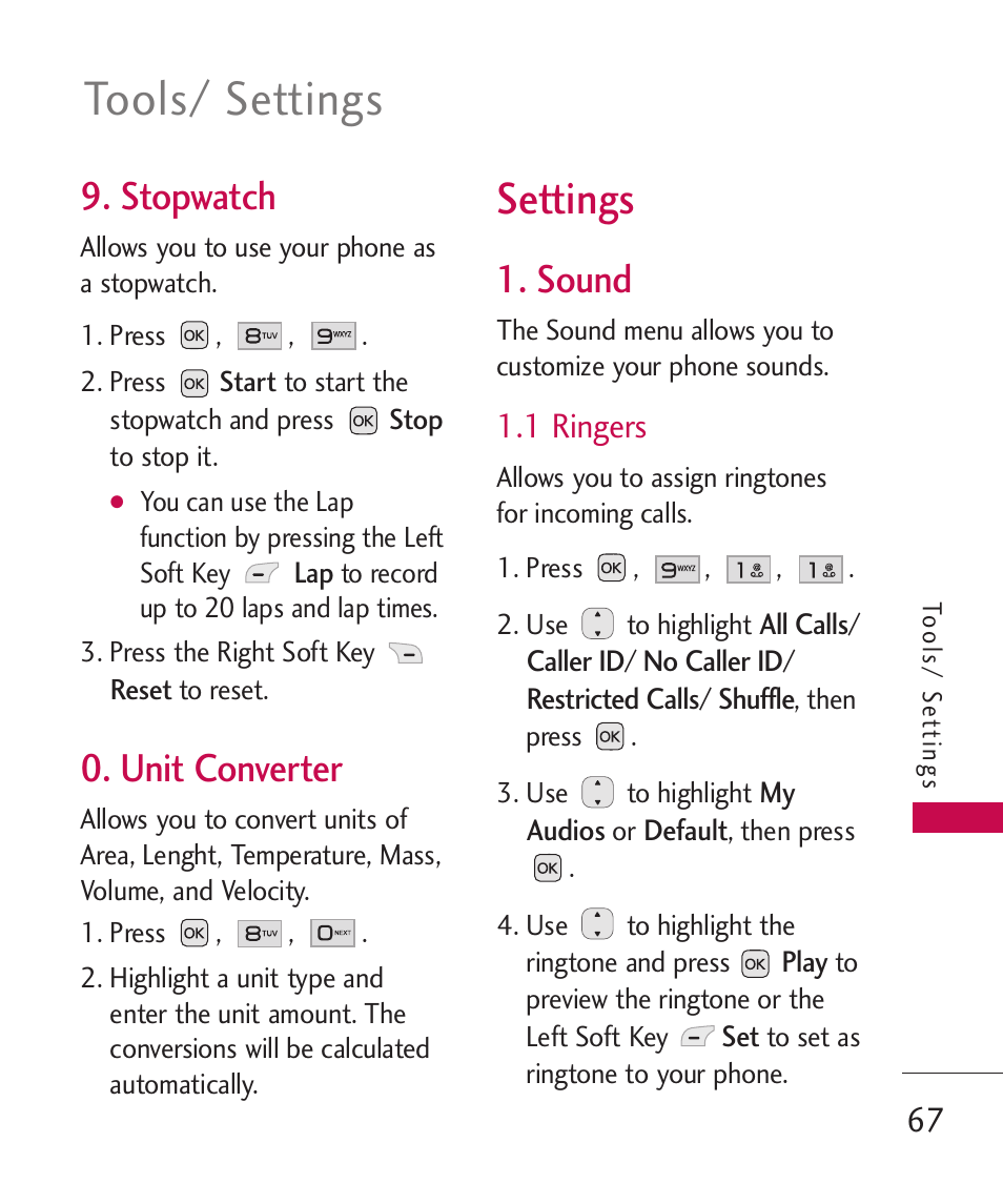 Stopwatch, Unit converter, Settings | Sound, 1 ringers, Tools/ settings | LG LG230 User Manual | Page 69 / 251