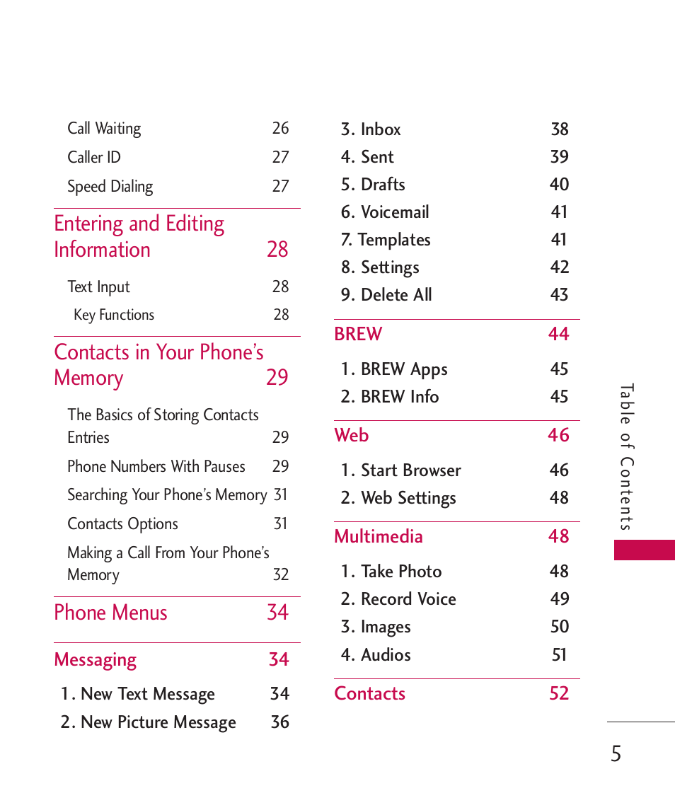 Entering and editing information 28, Phone menus 34 | LG LG230 User Manual | Page 7 / 251
