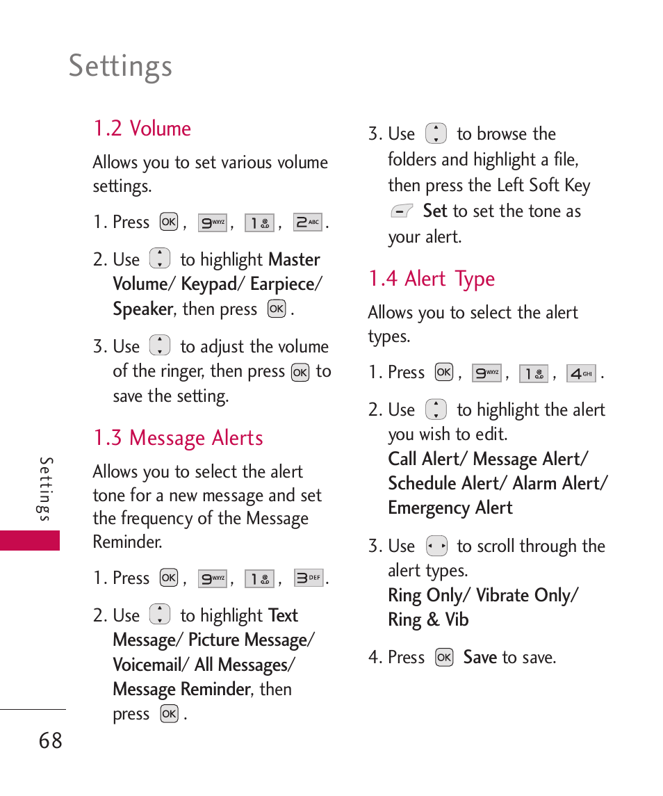 2 volume, 3 message alerts, 4 alert type | Settings | LG LG230 User Manual | Page 70 / 251