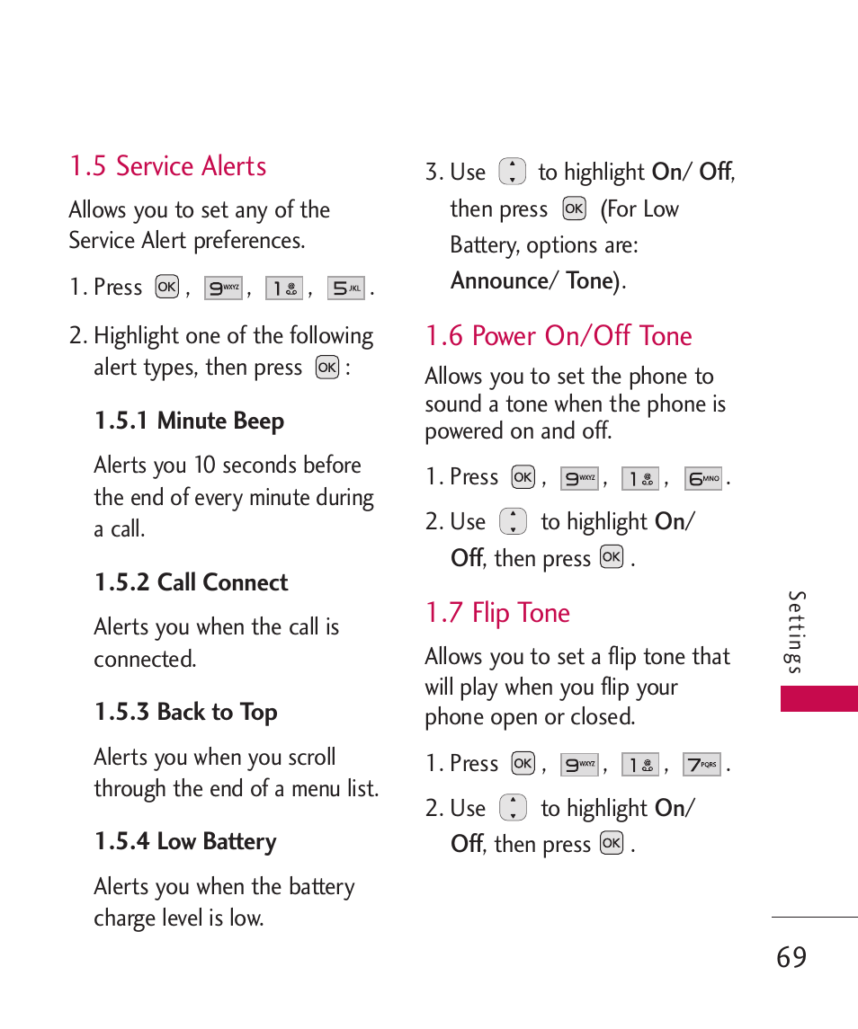 5 service alerts, 6 power on/off tone, 7 flip tone | LG LG230 User Manual | Page 71 / 251