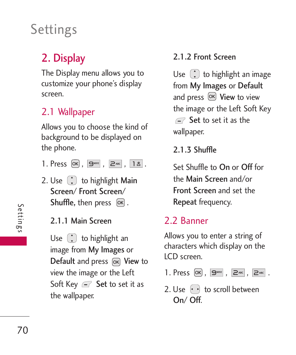 Display, 1 wallpaper, 2 banner | Settings | LG LG230 User Manual | Page 72 / 251