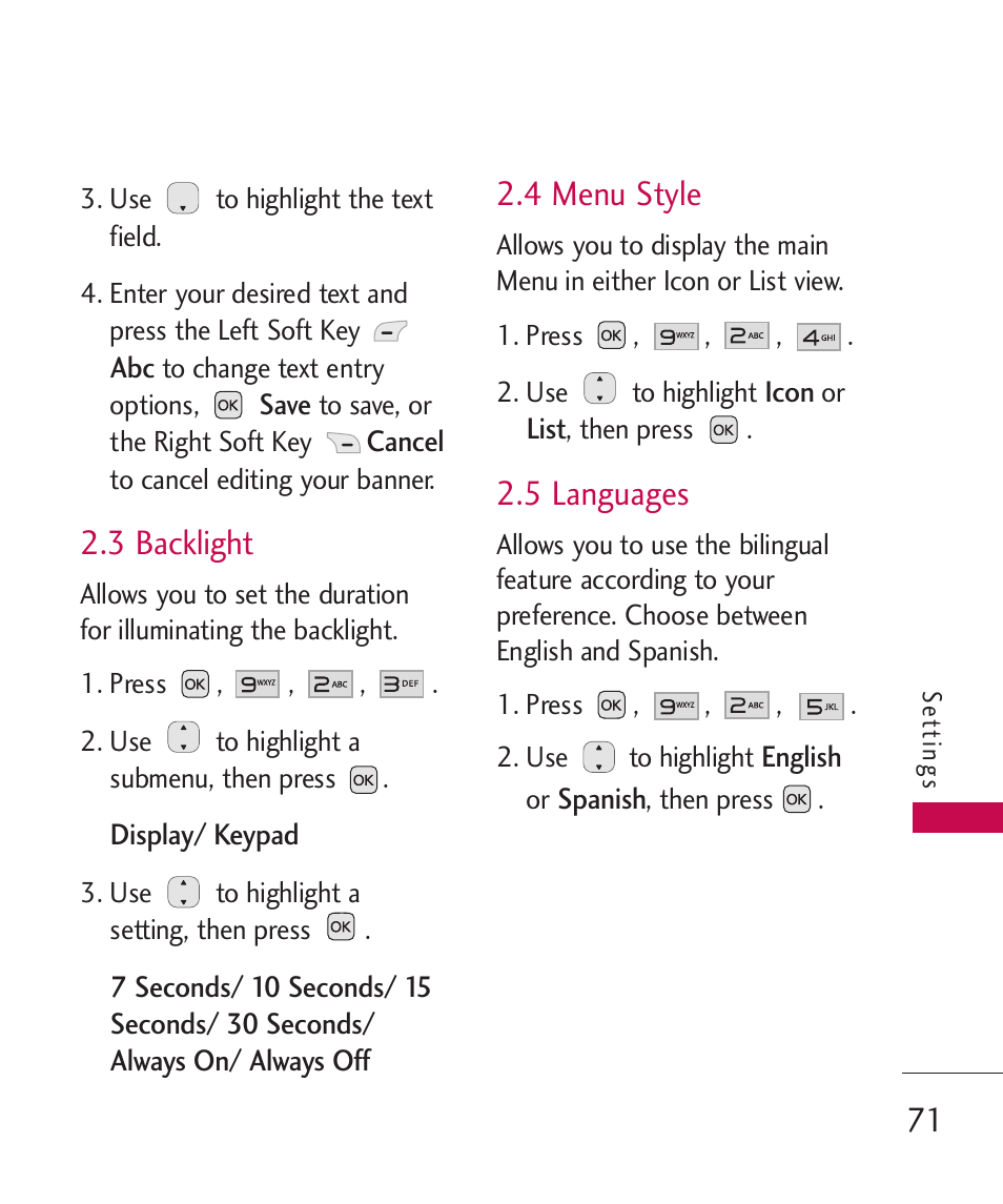 3 backlight, 4 menu style, 5 languages | LG LG230 User Manual | Page 73 / 251