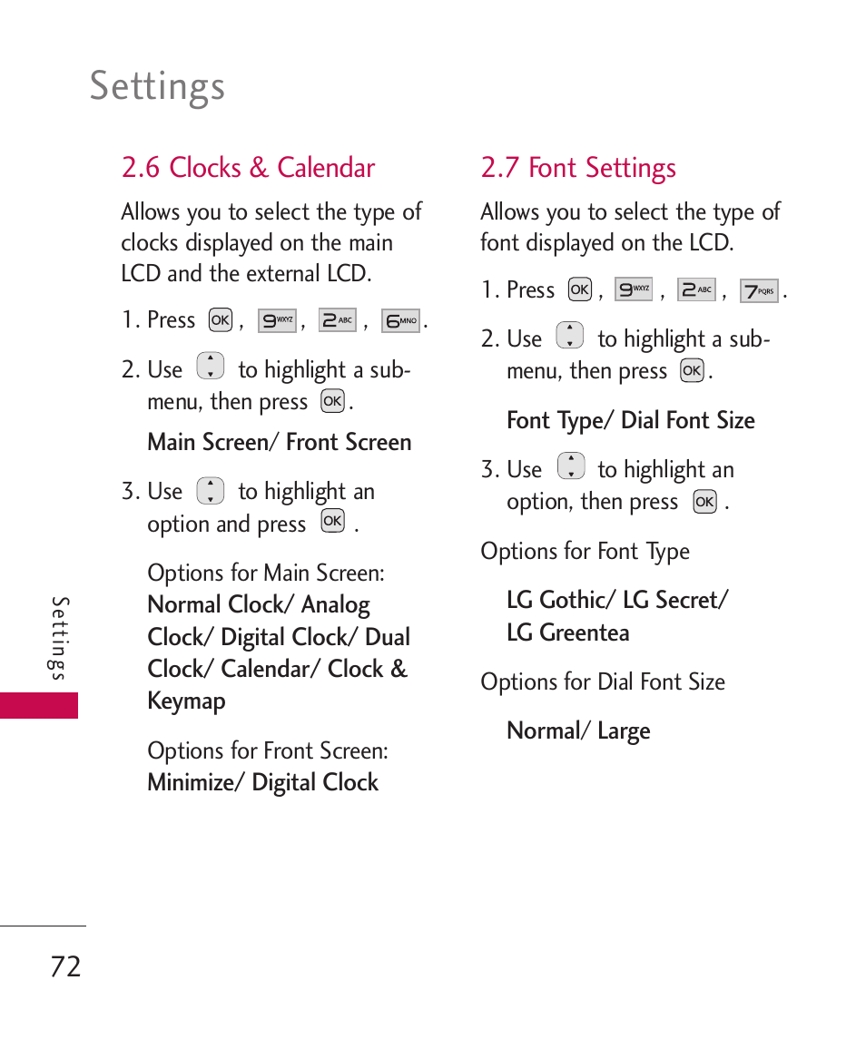 6 clocks & calendar, 7 font settings, Settings | LG LG230 User Manual | Page 74 / 251