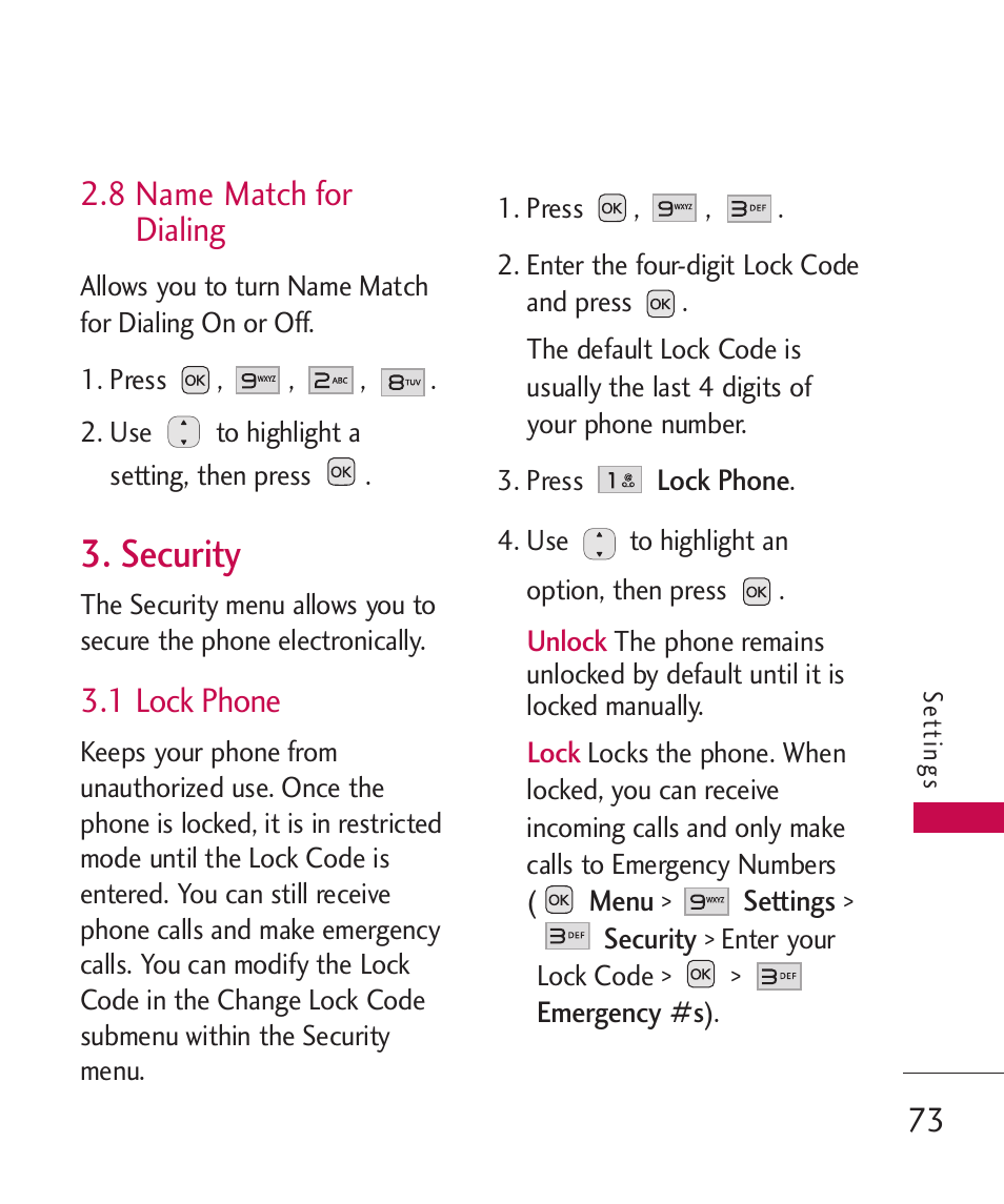 8 name match for dialing, Security, 1 lock phone | LG LG230 User Manual | Page 75 / 251