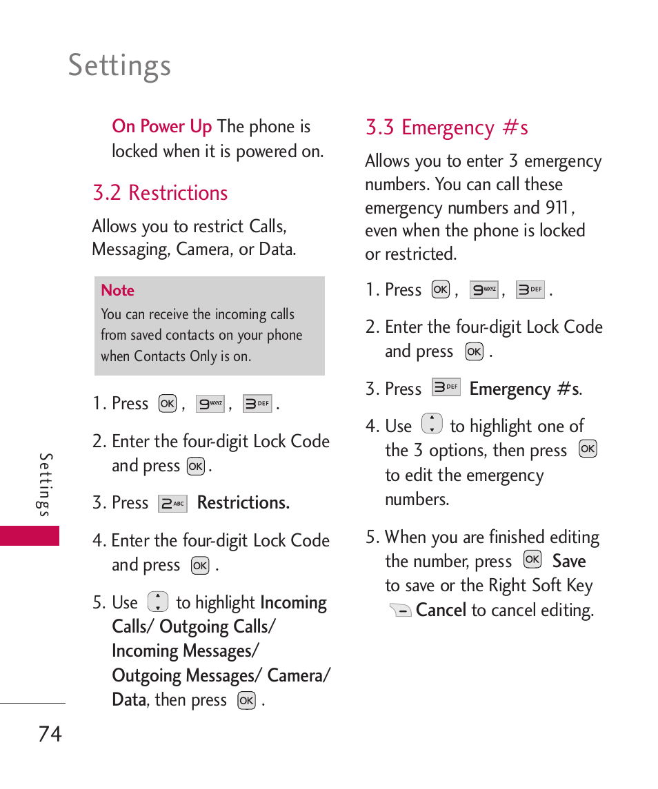 2 restrictions, 3 emergency #s, Settings | LG LG230 User Manual | Page 76 / 251