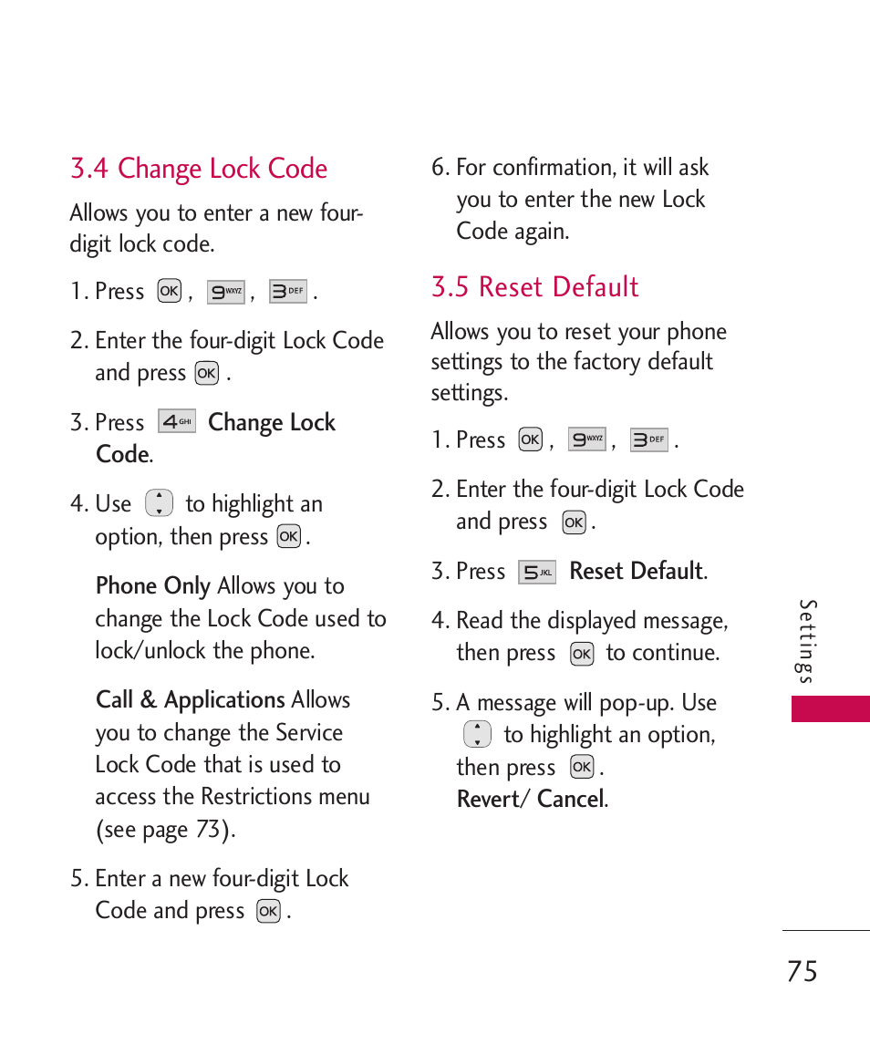 4 change lock code, 5 reset default | LG LG230 User Manual | Page 77 / 251