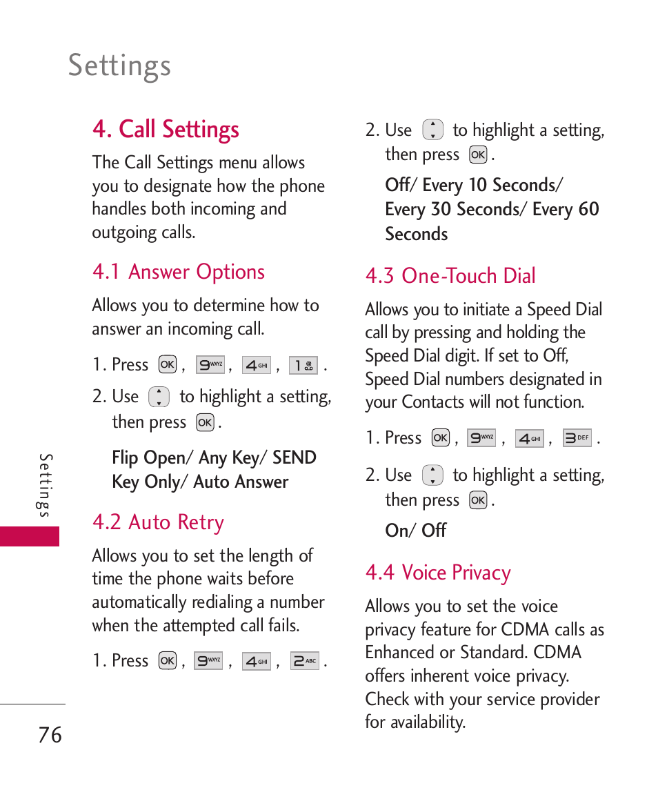 Call settings, 1 answer options, 2 auto retry | 3 one-touch dial, 4 voice privacy, Settings | LG LG230 User Manual | Page 78 / 251