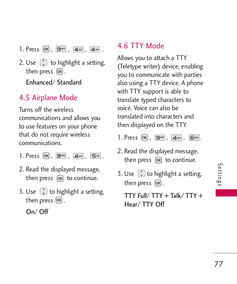 5 airplane mode, 6 tty mode | LG LG230 User Manual | Page 79 / 251